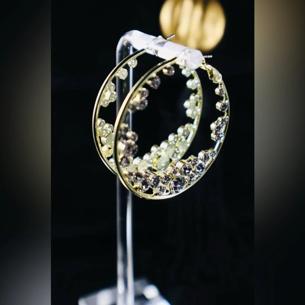 Stunning Crystal Gold Large Disk Hoop Earrings